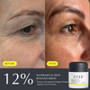Before-and-after comparison of a person's eye area showing reduced wrinkles and improved skin elasticity, with text reading 12% INCREASE IN SKIN BOUNCE BACK and a small jar of ZIIP Bounce Moisturizer shown at the bottom right.