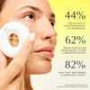 Close-up of a woman holding the ZIIP DOT against her cheek with statistics from independent testing of the device. 