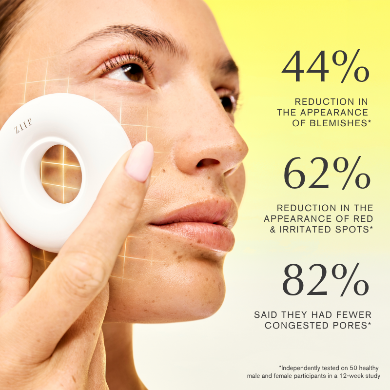 Close-up of a woman holding the ZIIP DOT against her cheek with statistics from independent testing of the device. 
