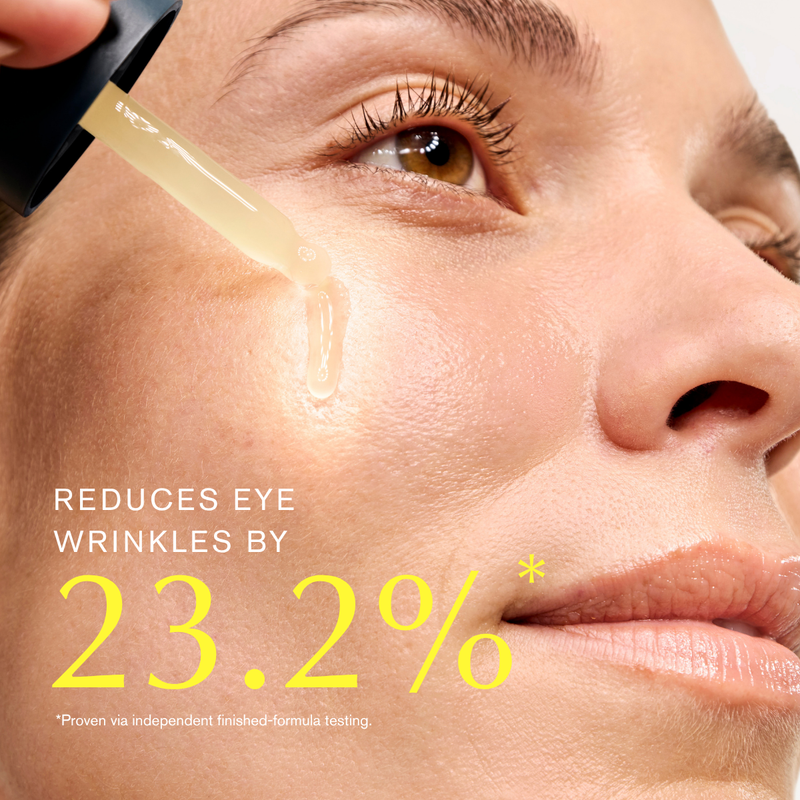 Woman applying the Firm Serum to her face with a statistic displayed