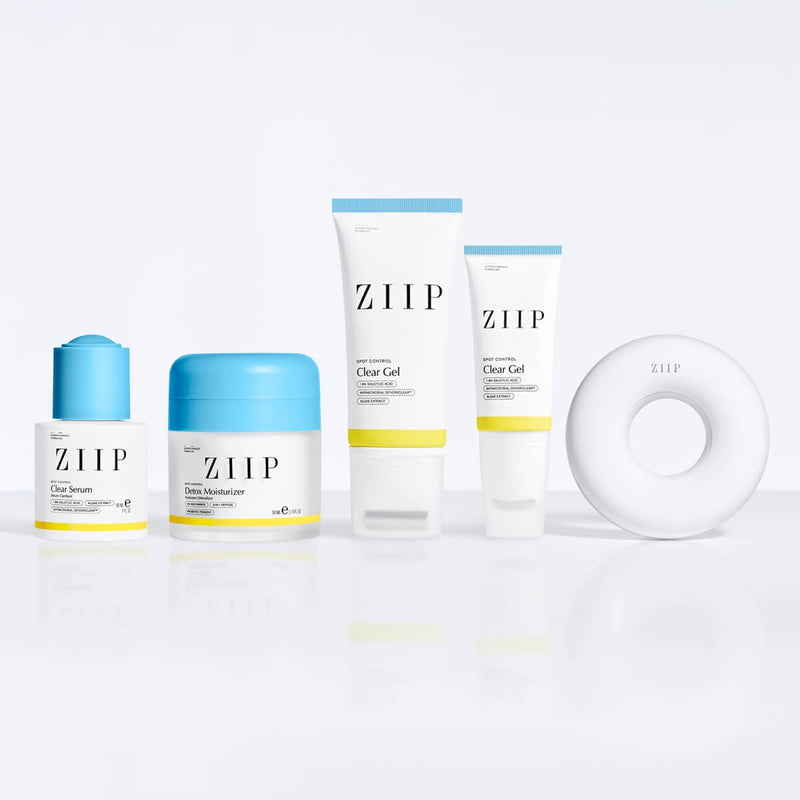 ZIIP DOT Skincare Routine products displayed, including Clear Serum, Detox Moisturizer, 2 sizes of the Clear Gel (80ml and 30 ml) and the ZIIP DOT device.